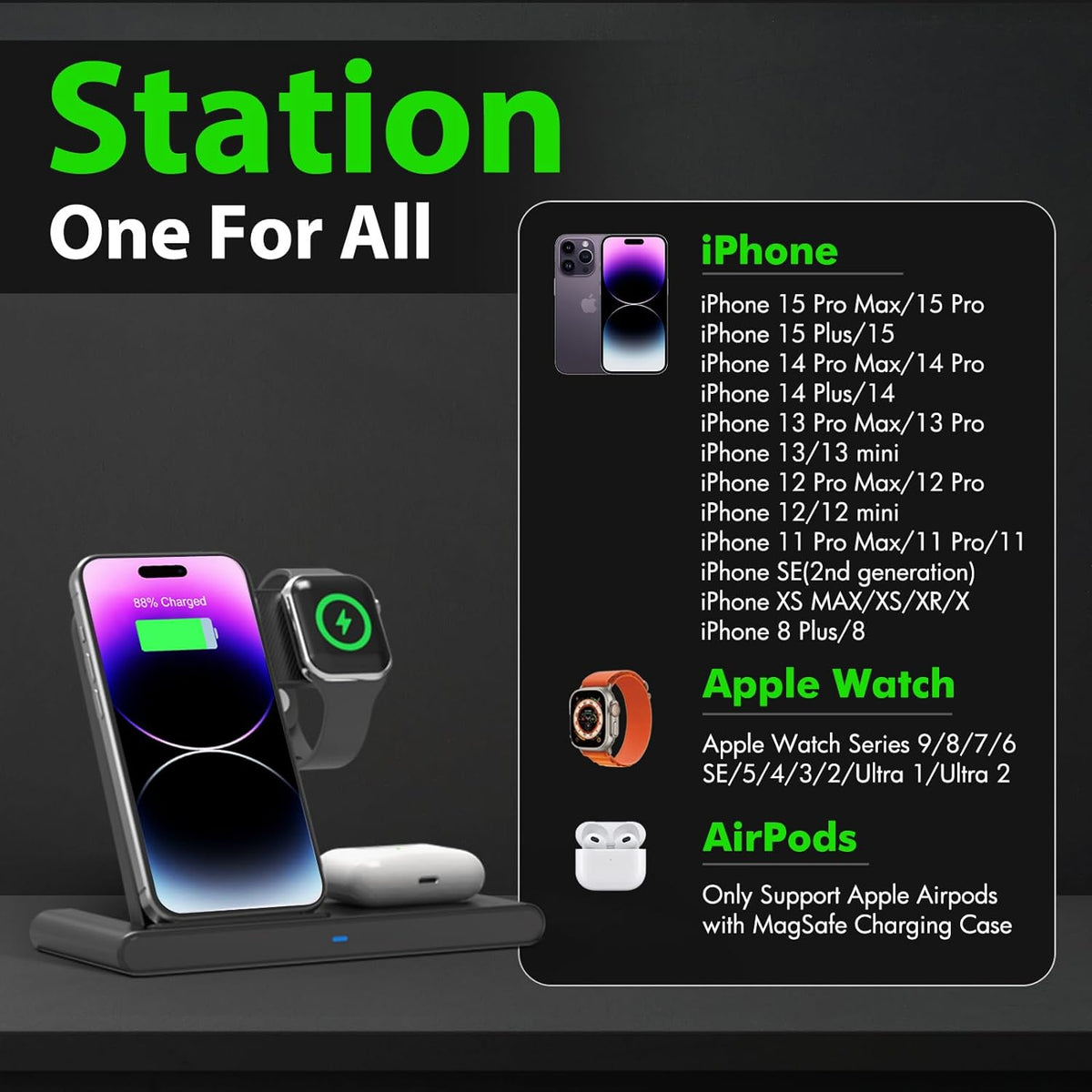3-in-1 Kabelloses Ladegerät Ständer | Für iPhone, Apple Watch und AirPods | Schnellladefunktion mit 18W Adapter 2