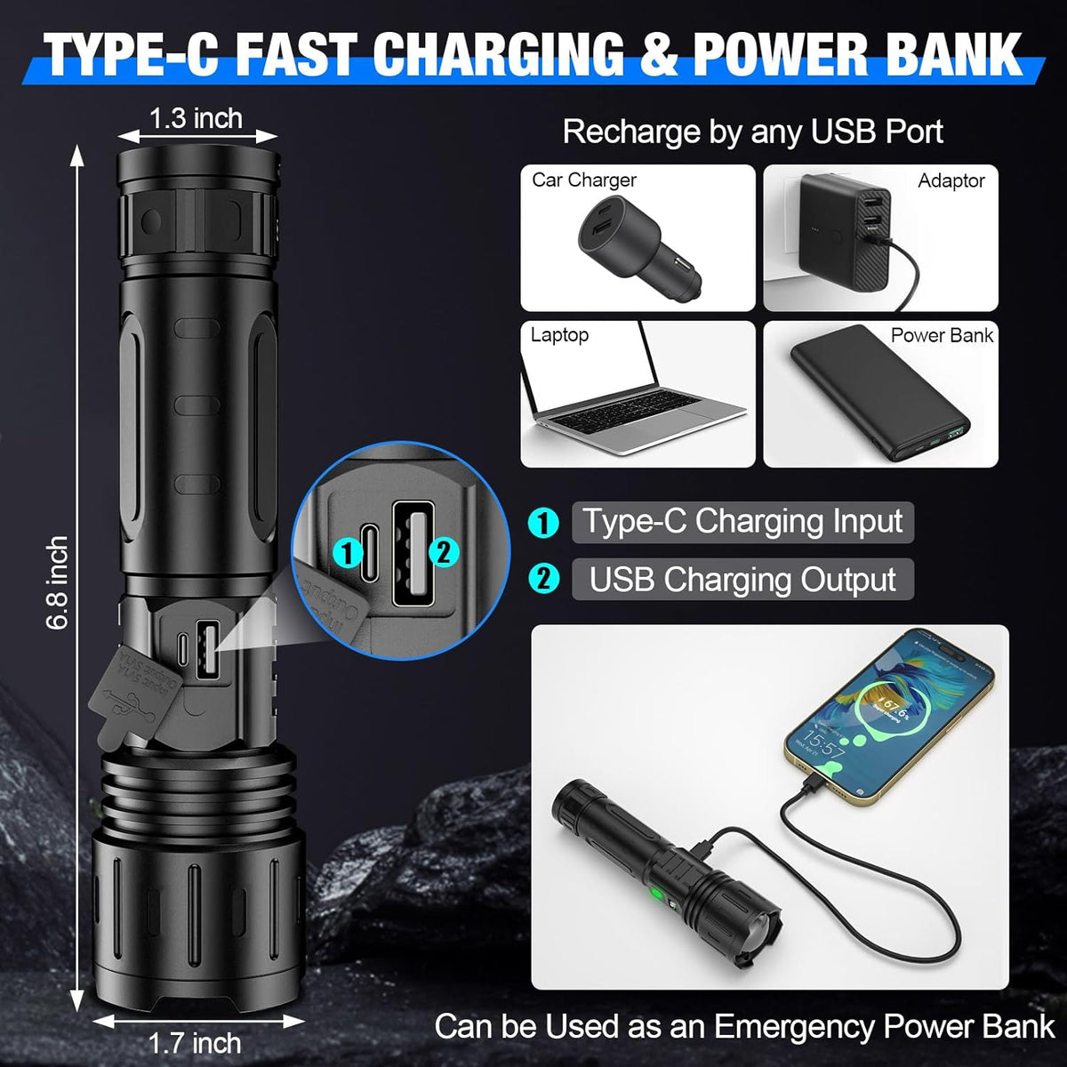 LED Taschenlampe Aufladbar | 100.000 Lumen mit Zoom und 5 Lichtmodi | 5000mAh Akku mit Powerbank-Funktion und Type-C Laden 6