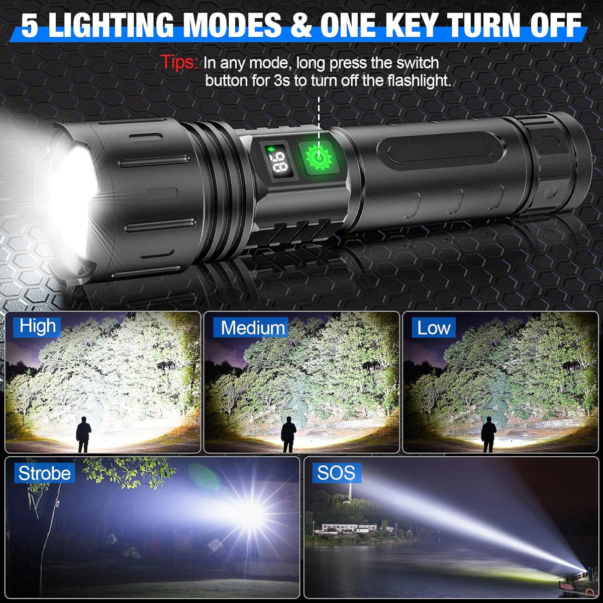 LED Taschenlampe Aufladbar | 100.000 Lumen mit Zoom und 5 Lichtmodi | 5000mAh Akku mit Powerbank-Funktion und Type-C Laden 3