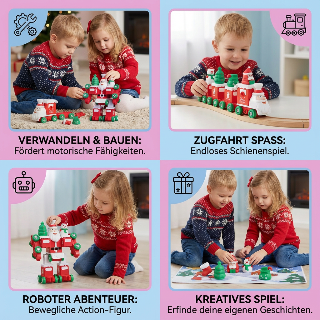 Transformierender Weihnachtszug Roboter | 2in1 Verwandlung ohne Werkzeug | Leuchtende Weihnachtsdetails für Kinder 5
