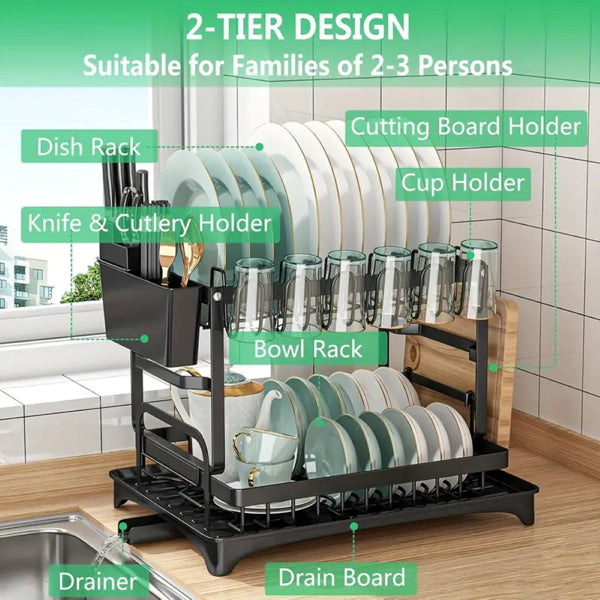 Geschirrabtropfer 2-stufig aus Kohlenstoffstahl | Mit Ablaufsystem und 5 Haken | Platzsparend und rostbeständig 4