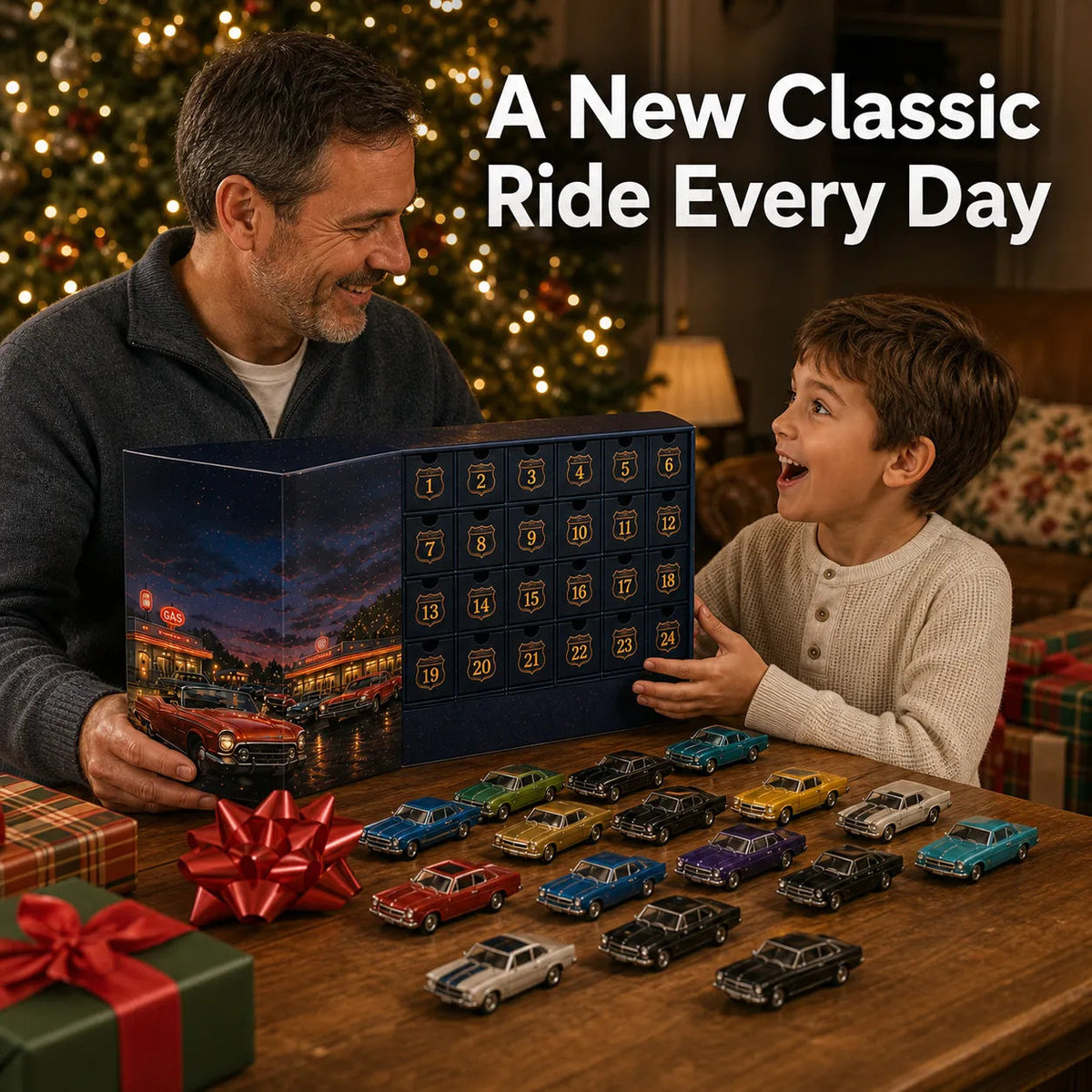Geschlossener Adventskalender im Sammlerdisplay mit klassischen US-Autos