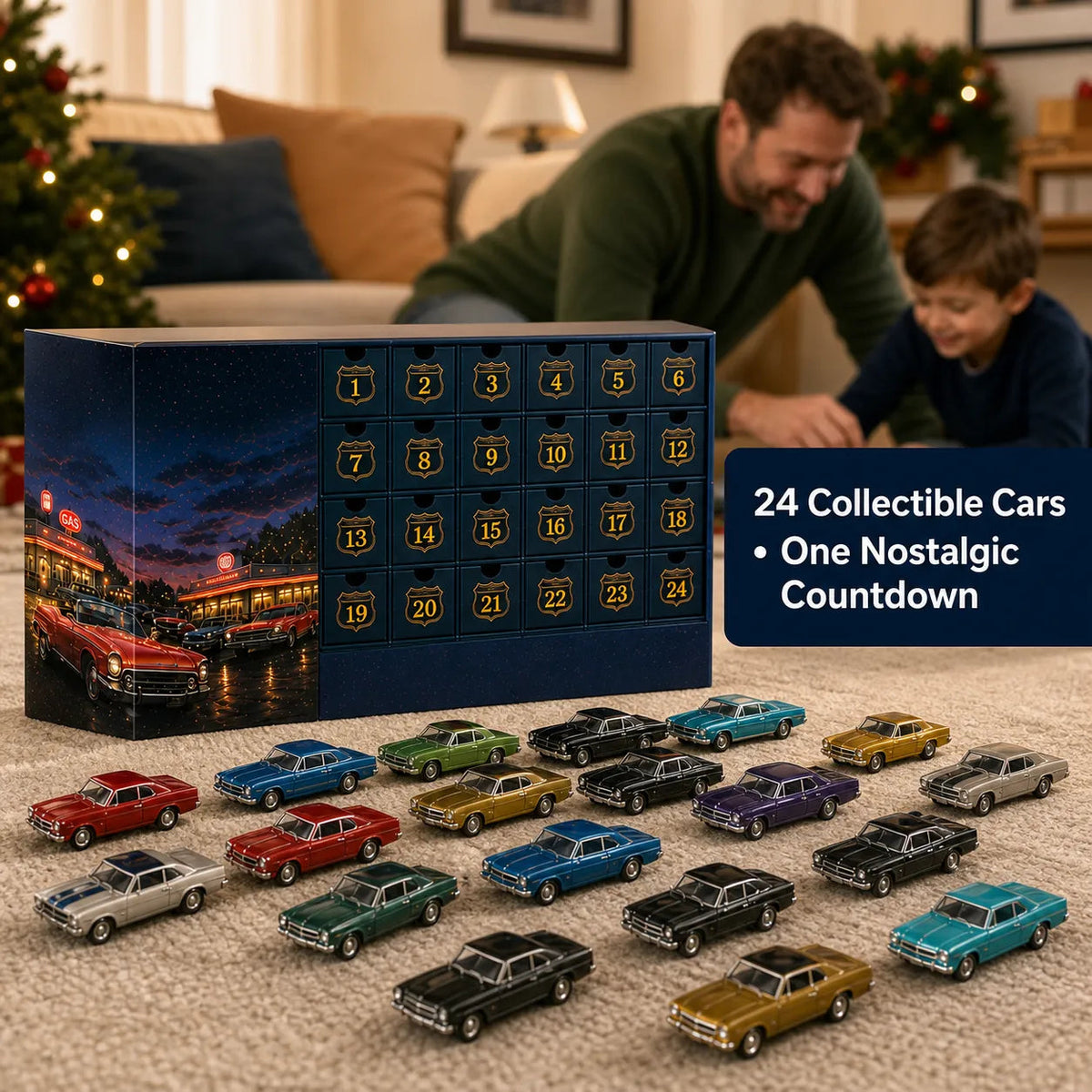 Detailansicht der 24 Miniaturautos im Adventskalender