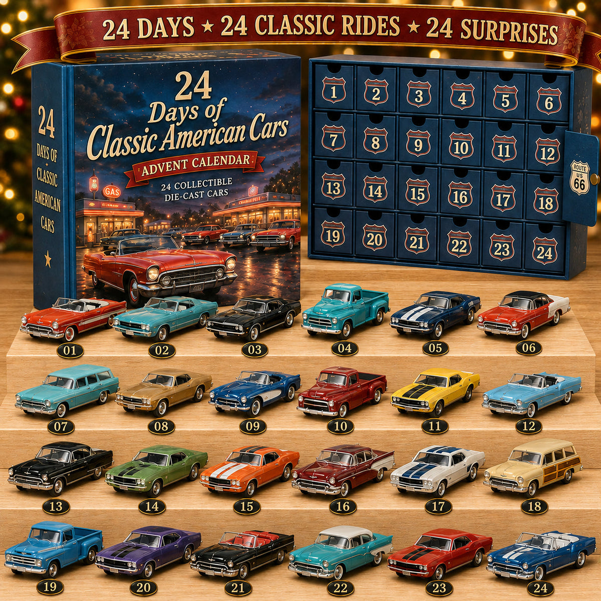 Adventskalender mit 24 US-Auto-Miniaturen für Auto-Fans