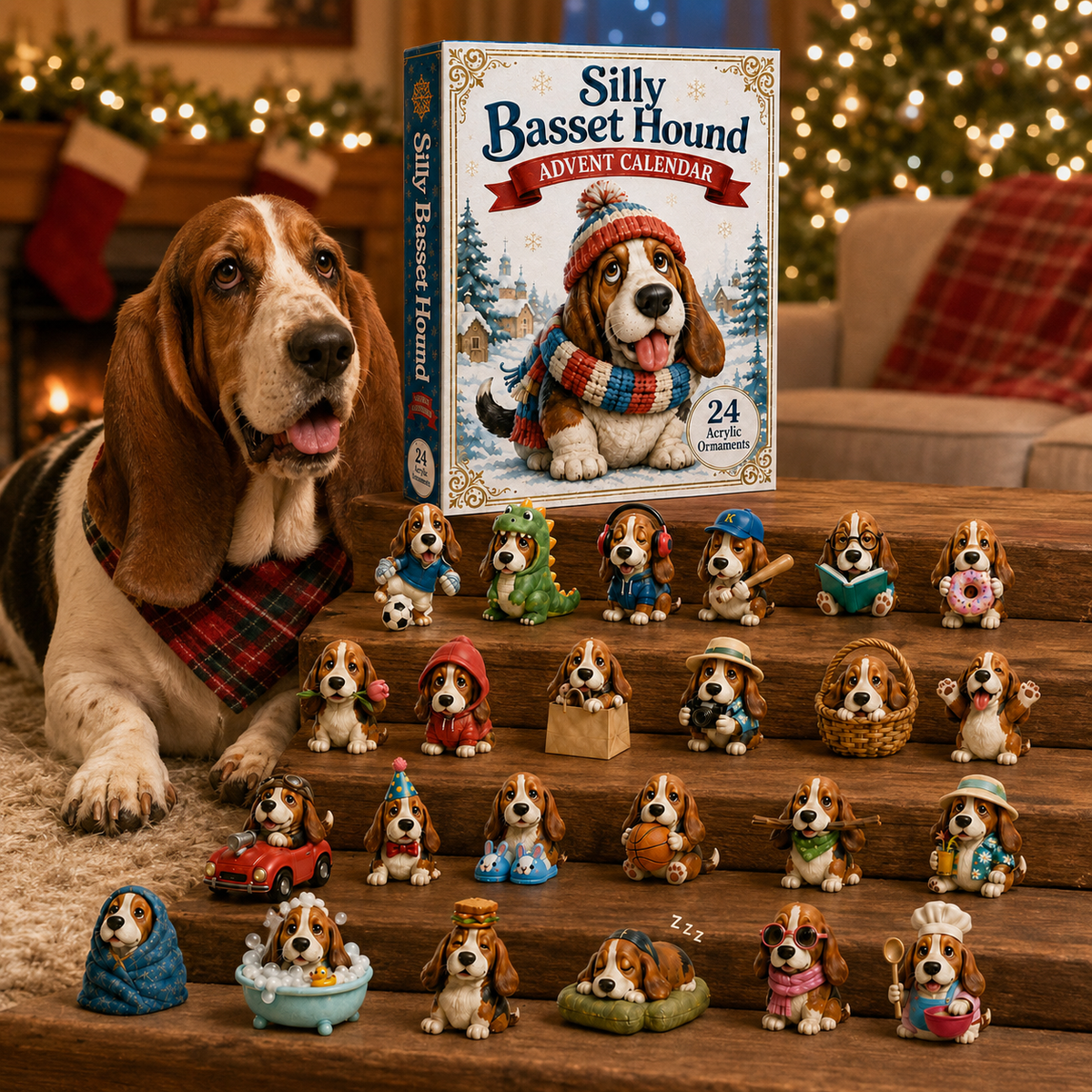 Basset-Hound-Adventskalender mit weihnachtlichen Anhängern
