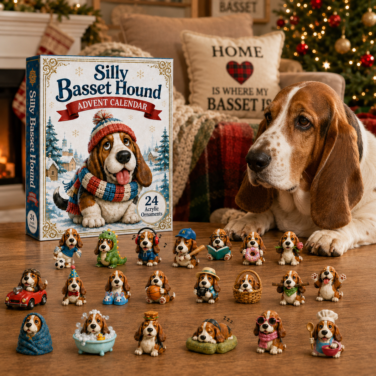 Weihnachtliche Dekoration mit Basset-Hound-Anhängern