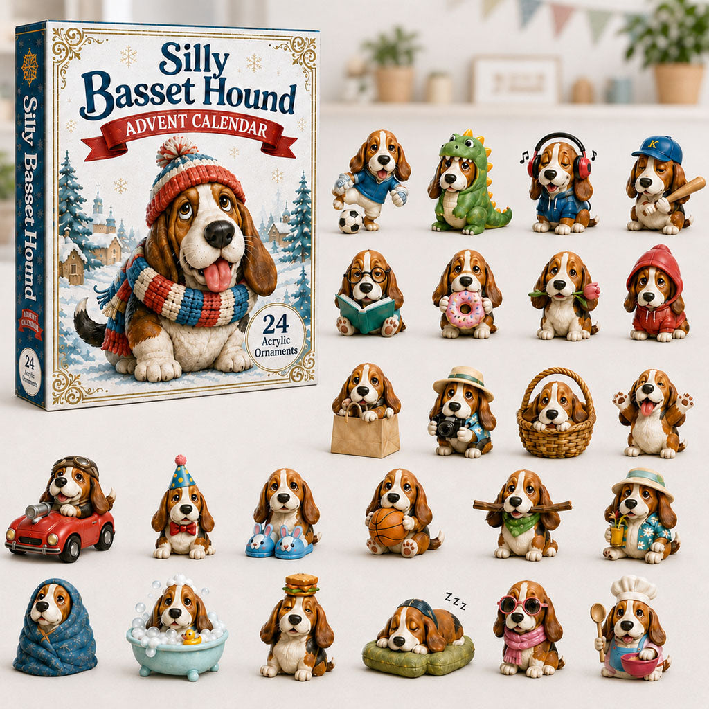 Adventskalender mit 24 Acryl-Anhängern für Basset-Hound-Fans