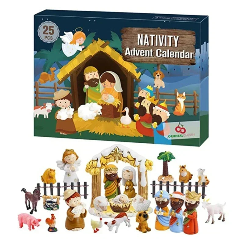 Adventskalender Figuren Harz Krippenfiguren mit Heilige-Familie-Szene