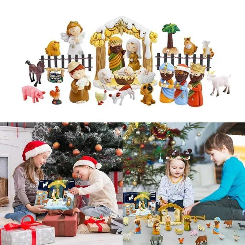 Adventskalender Figuren Harz Krippenfiguren mit Heilige-Familie-Szene