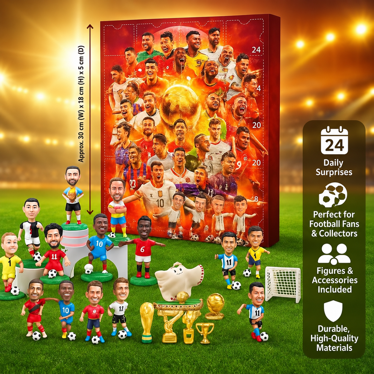 Adventskalender Fußball Figuren Set | 24 Türchen mit Sammelfiguren & Fanartikeln | Karton, 30 x 18 x 5 cm, Geschenkidee
