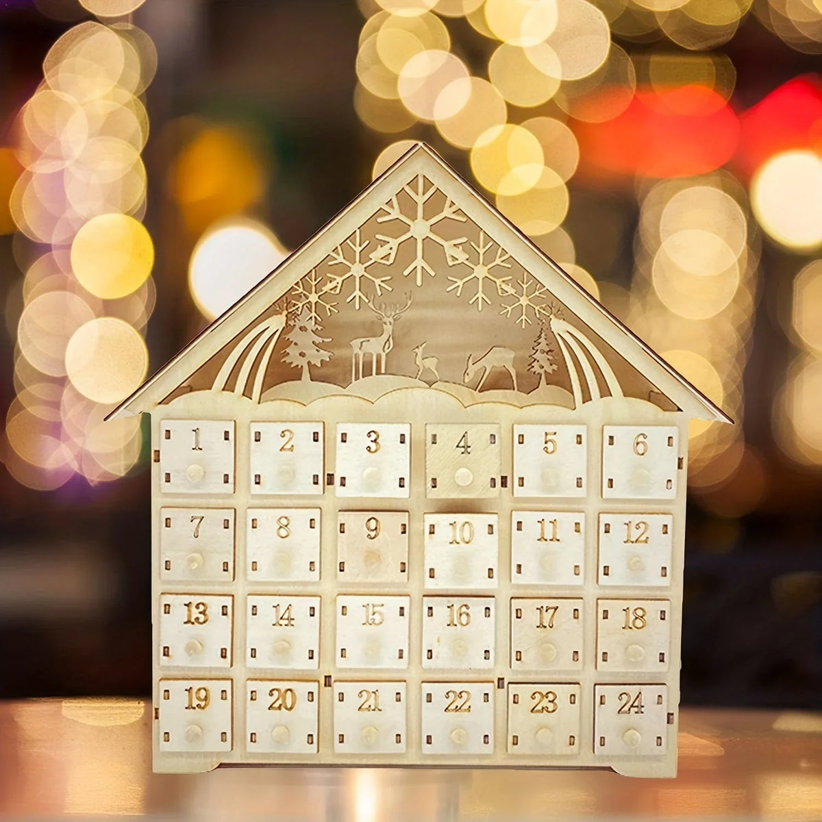 Adventskalender Holz handgefertigt Weihnachtsmotive mit LED-Beleuchtung 4
