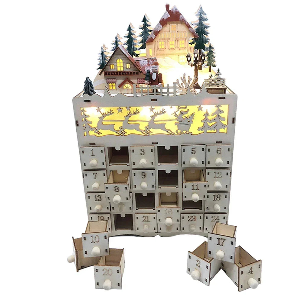 Adventskalender Rentierdorf aus Holz | 24 Fächer für täglichen Weihnachts-Countdown | Wiederverwendbar, ohne Batterien 1