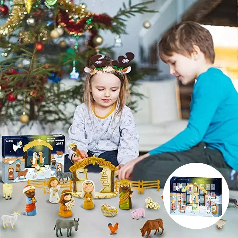 Krippenfiguren Adventskalender interaktiv batteriefrei mit 24 Spielfiguren 1