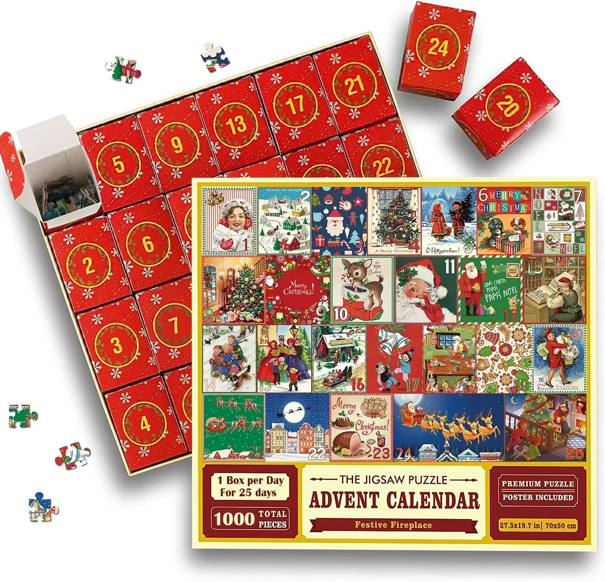 Adventskalender Puzzle 1008-teilig Kaminmotiv mit nummerierten Fächern 1