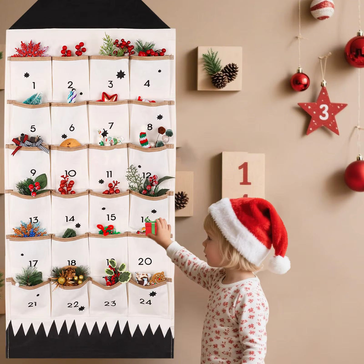 Adventskalender Stoff wiederverwendbar Canvas robust mit 24 Taschen