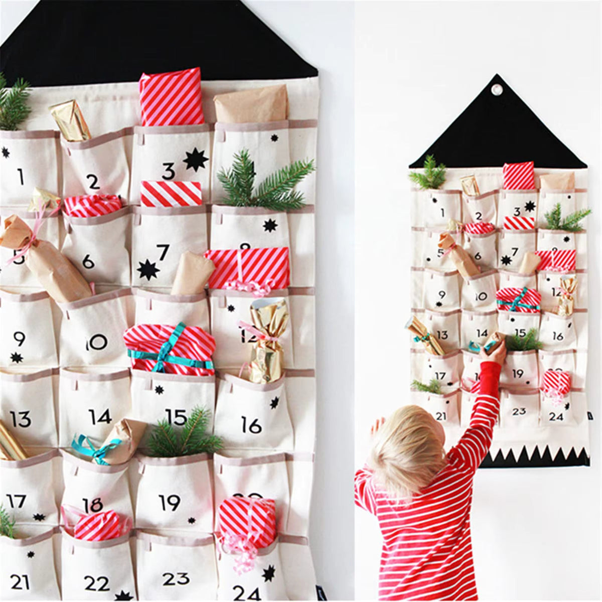 Adventskalender Stoff wiederverwendbar Canvas robust mit 24 Taschen