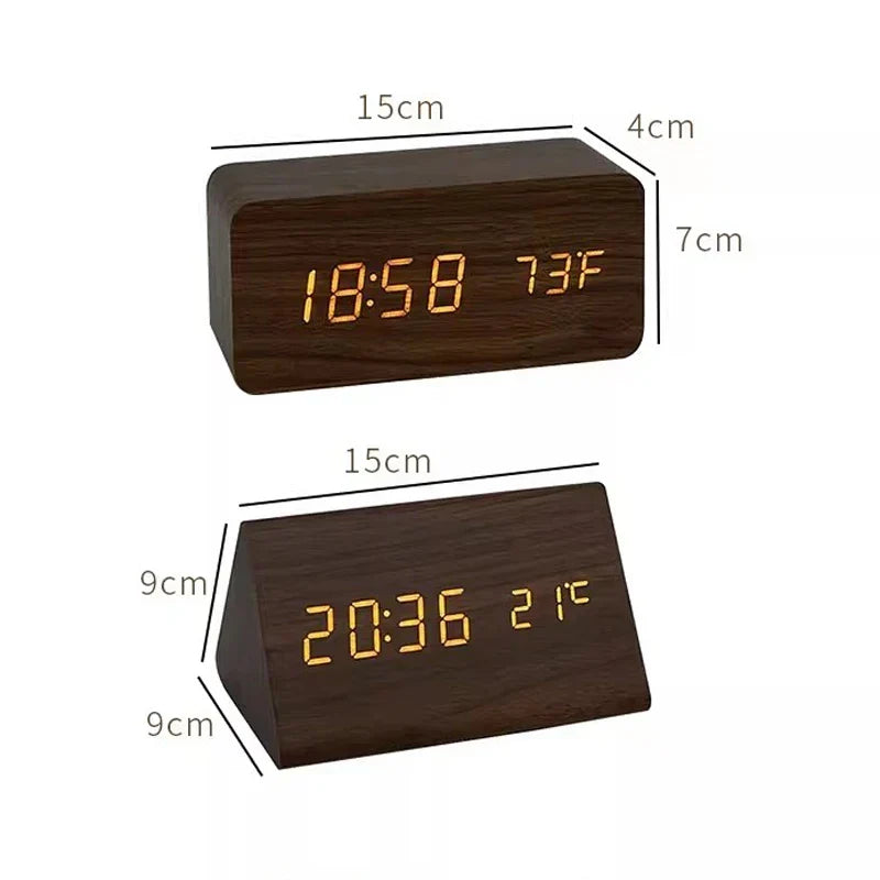 LED-vækkeur | Trælook med temperaturvisning | Lysende display | LumiClock