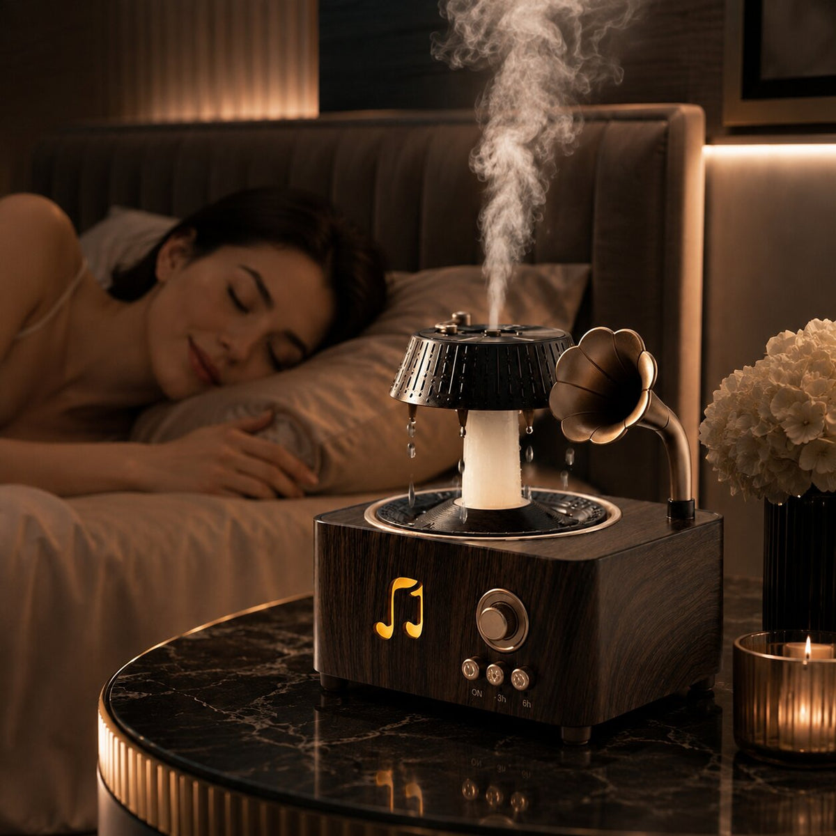 Aroma Diffuser Grammophon Design | Regen Effekt, Vintage Holzoptik, Timer & LED Licht | Ätherische Öle & Nebel 2