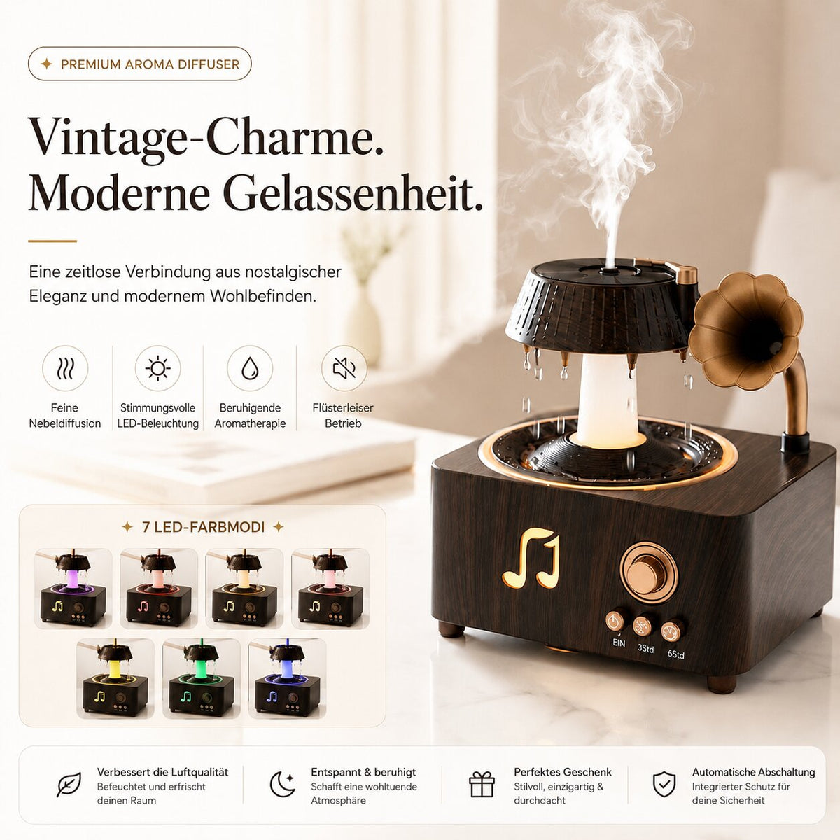 Aroma Diffuser Grammophon Design | Regen Effekt, Vintage Holzoptik, Timer & LED Licht | Ätherische Öle & Nebel 3