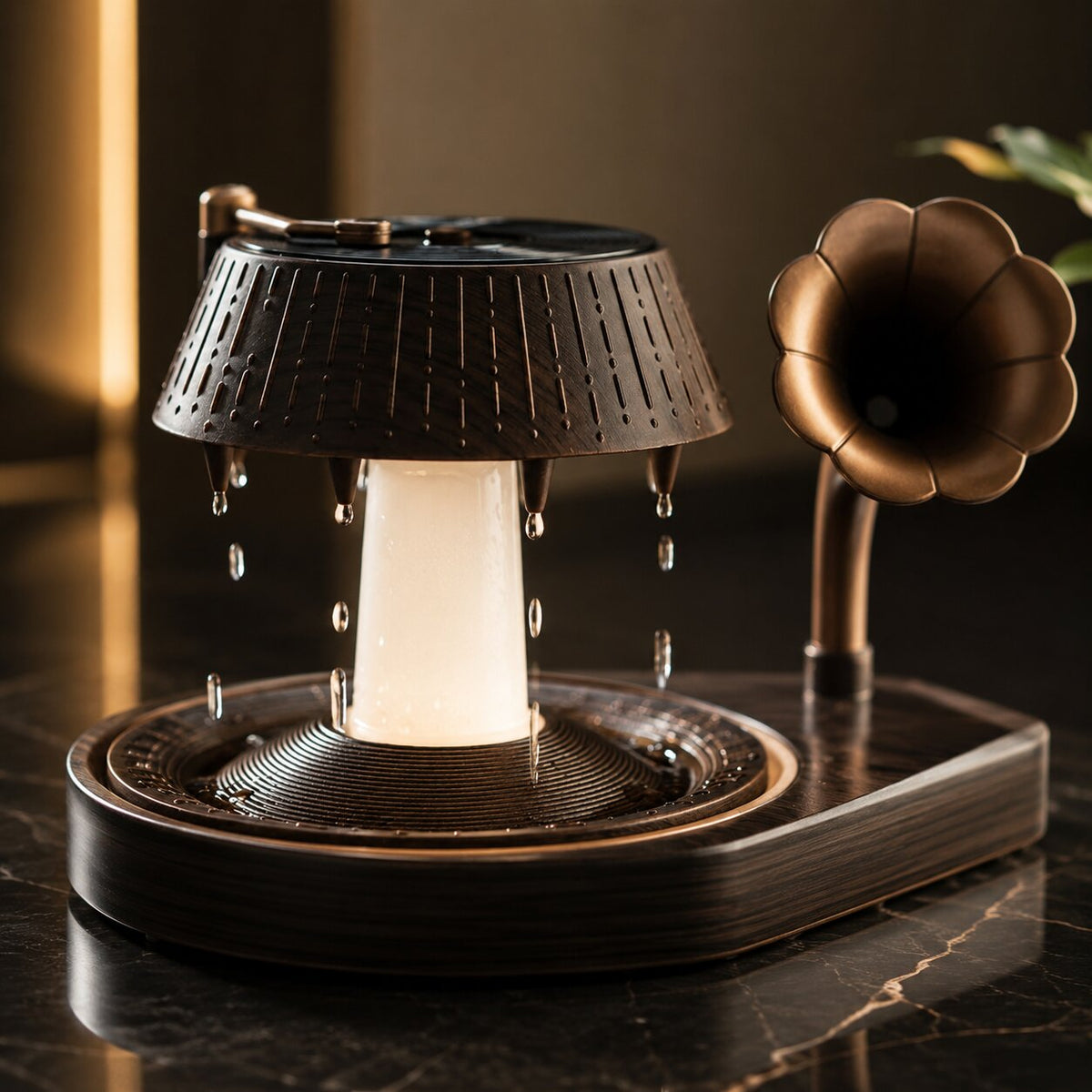 Aroma Diffuser Grammophon Design | Regen Effekt, Vintage Holzoptik, Timer & LED Licht | Ätherische Öle & Nebel 4