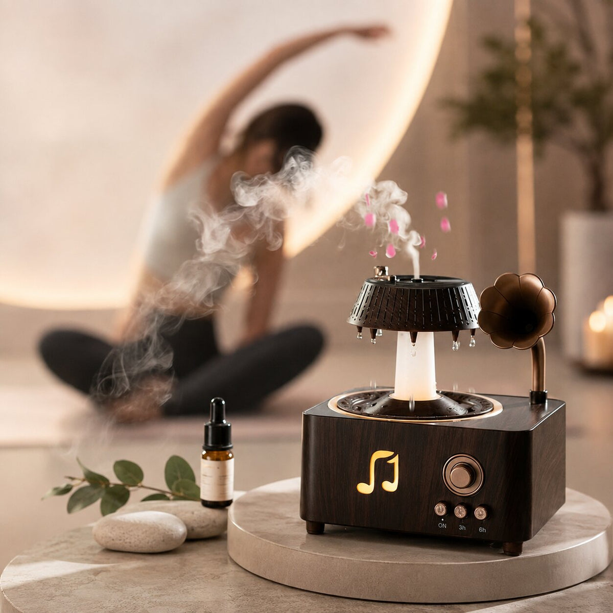 Aroma Diffuser Grammophon Design | Regen Effekt, Vintage Holzoptik, Timer & LED Licht | Ätherische Öle & Nebel 5
