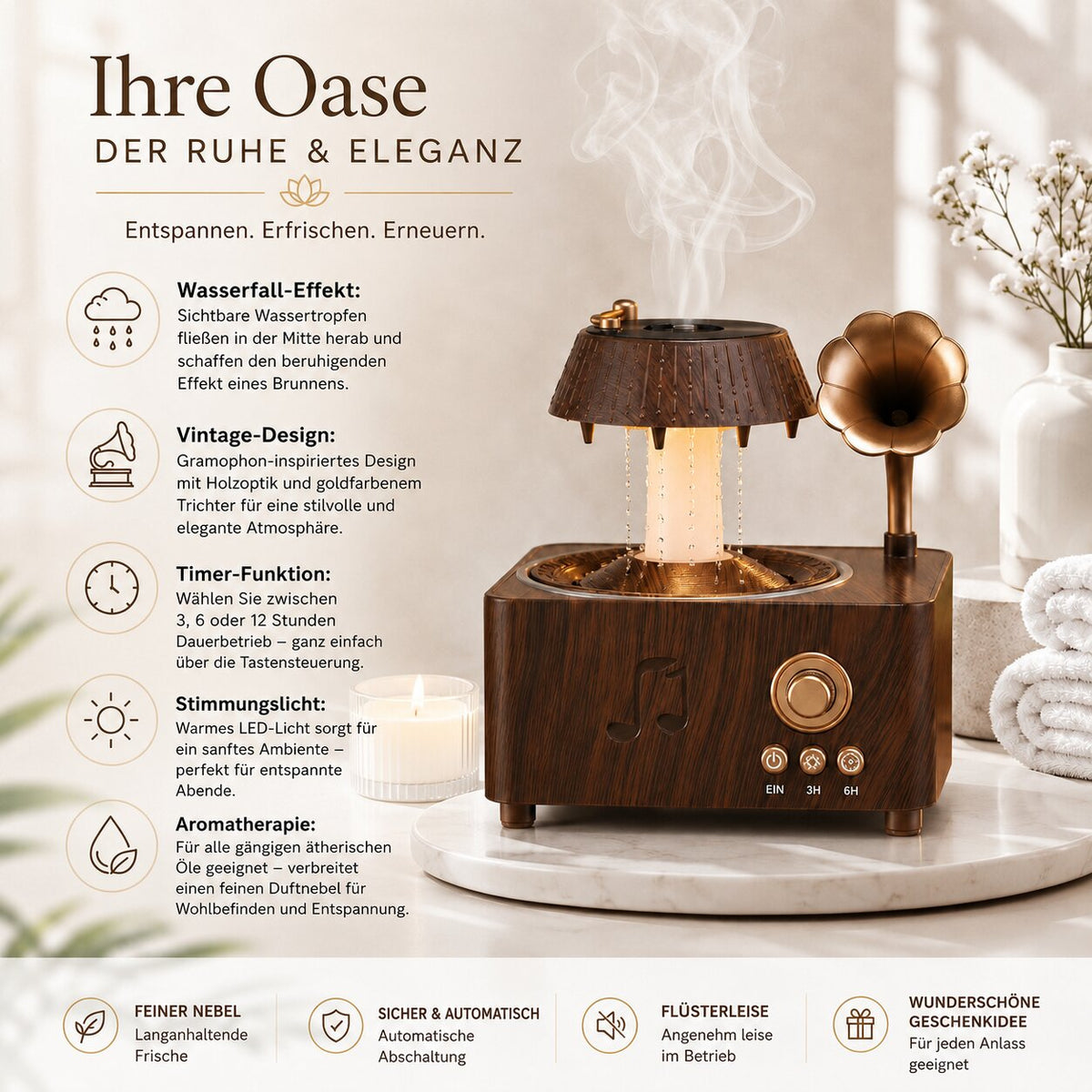 Aroma Diffuser Grammophon Design | Regen Effekt, Vintage Holzoptik, Timer & LED Licht | Ätherische Öle & Nebel 7