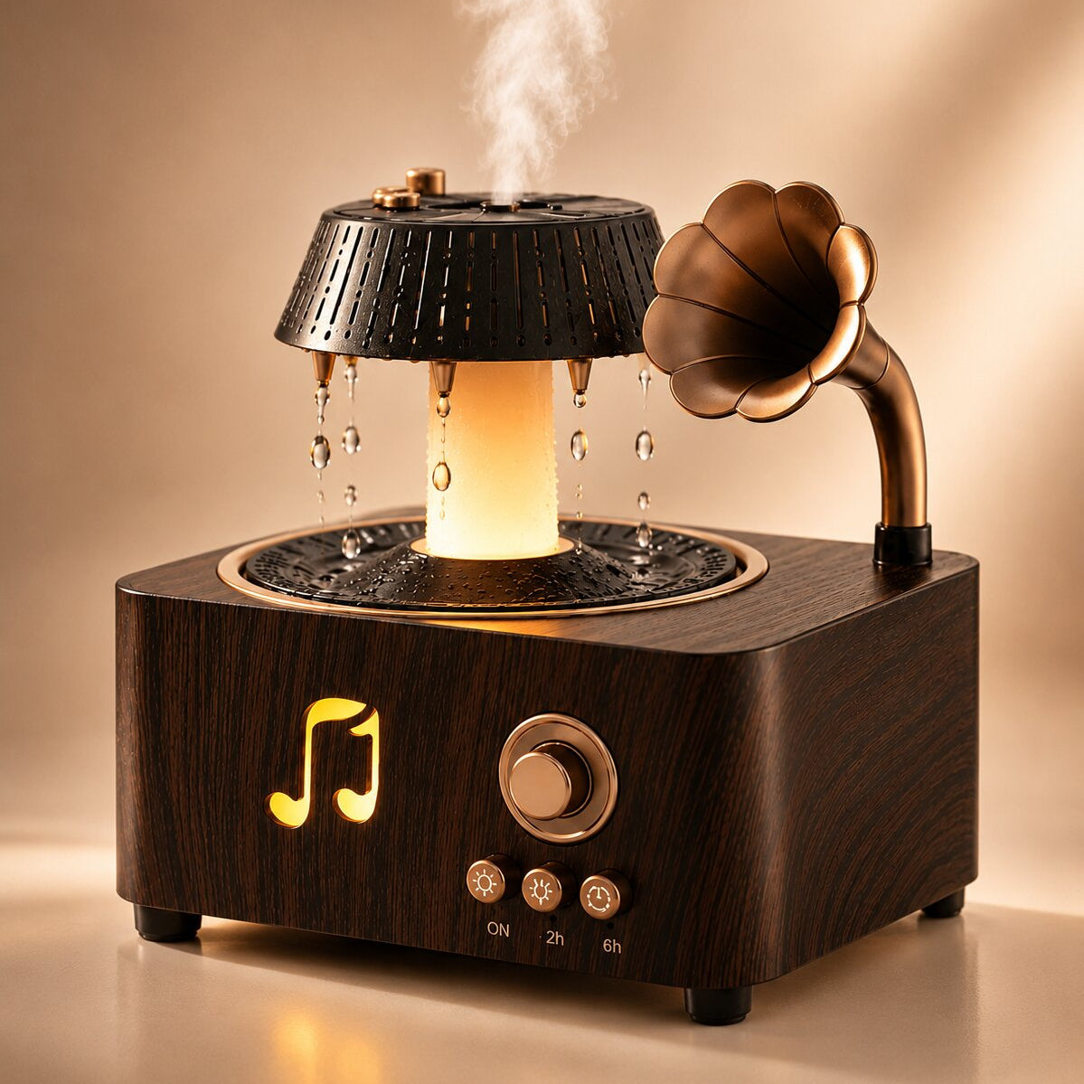 Aroma Diffuser Grammophon Design | Regen Effekt, Vintage Holzoptik, Timer & LED Licht | Ätherische Öle & Nebel 1