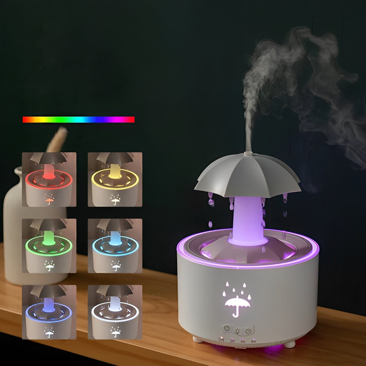 Aromatherapie Luftbefeuchter mit Ultraschall-Vernebler | 300 ml Tank, 7 LED-Farben | Regensound, Timer & Fernbedienung 1