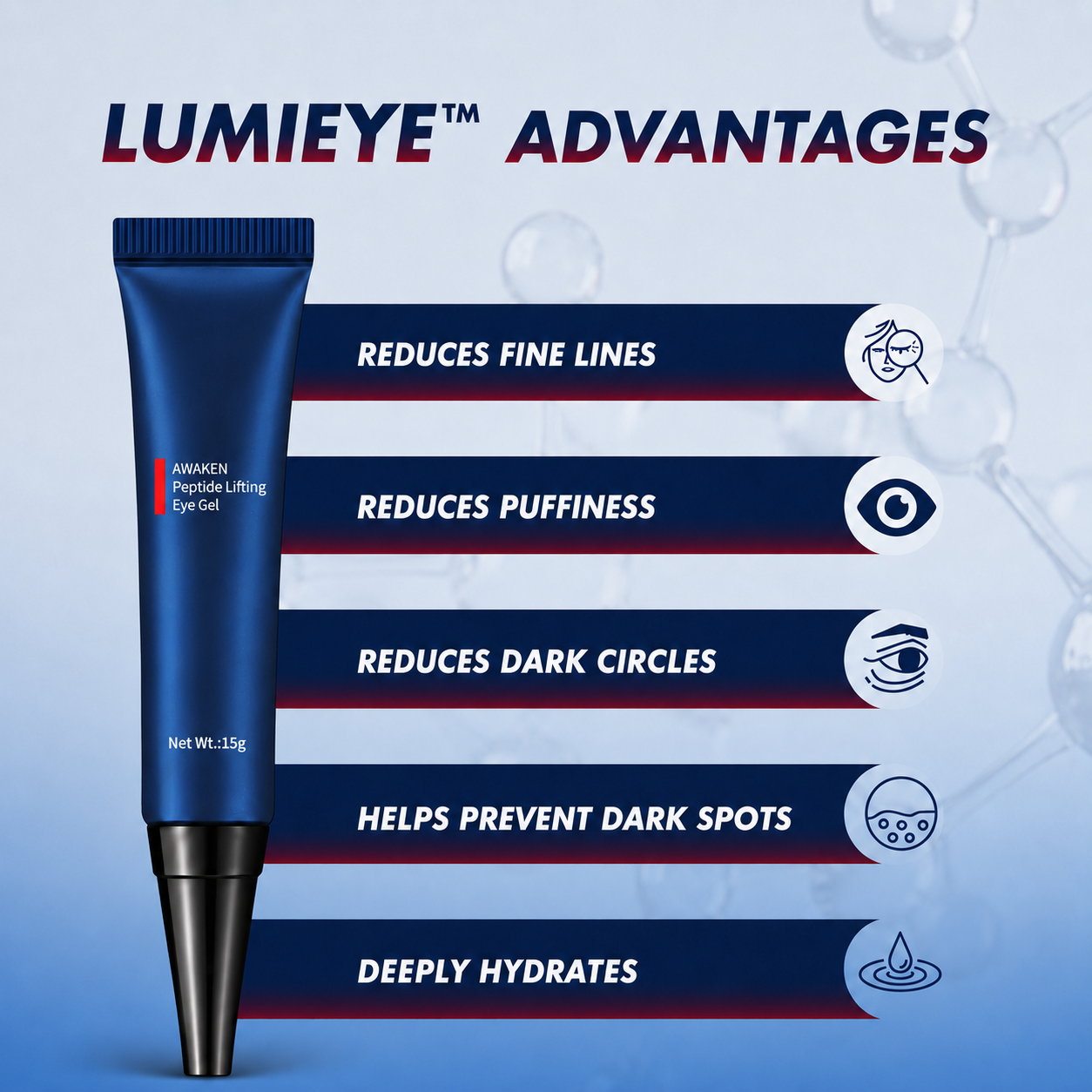 Obnova očí | Peptidový liftingový gel | Kyselina kojová & kofein | LumiEye