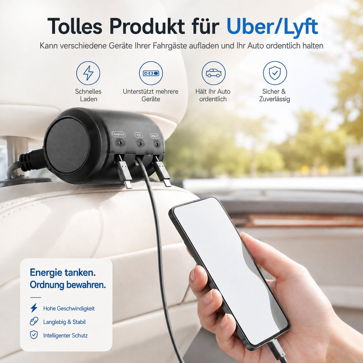 Auto Ladegerät 3in1 einziehbares Kabel mit gekennzeichneten Anschlüssen
