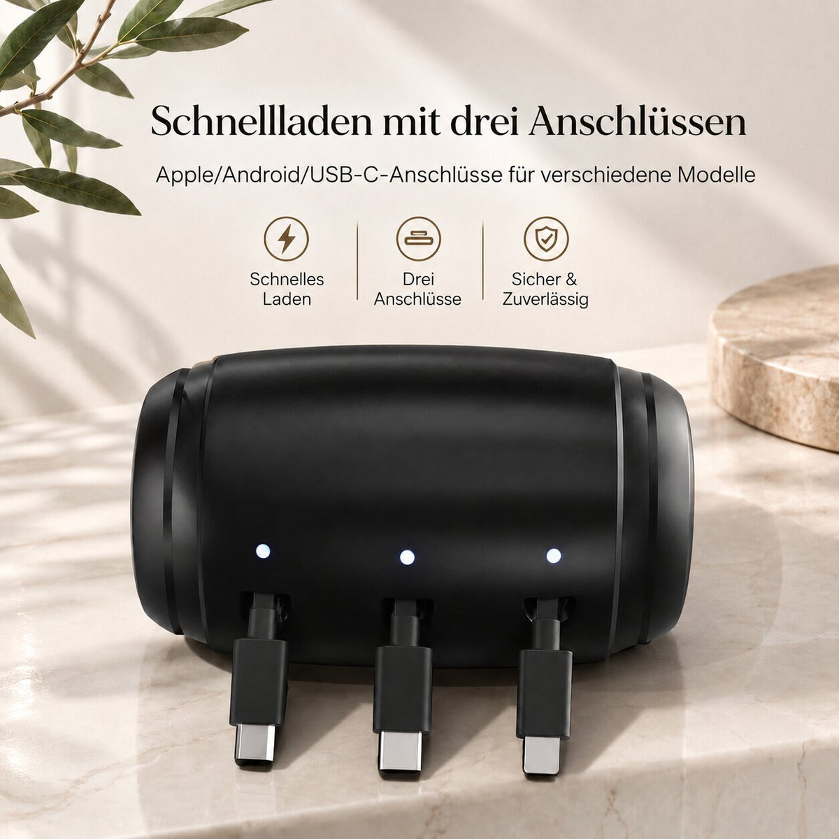 Auto Ladegerät 3in1 einziehbares Kabel mit gekennzeichneten Anschlüssen