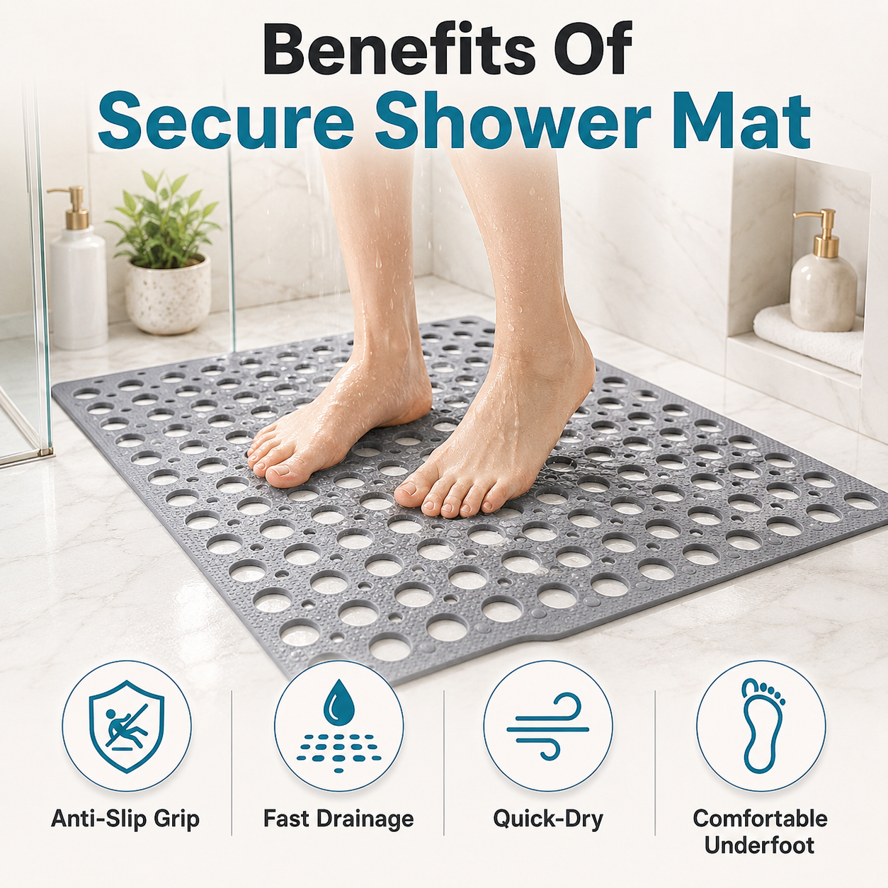 Badezimmer Sicherheitsmatte | Rutschfestes PVC mit Ablauflöchern | Schneller Wasserablauf | AquaGrip