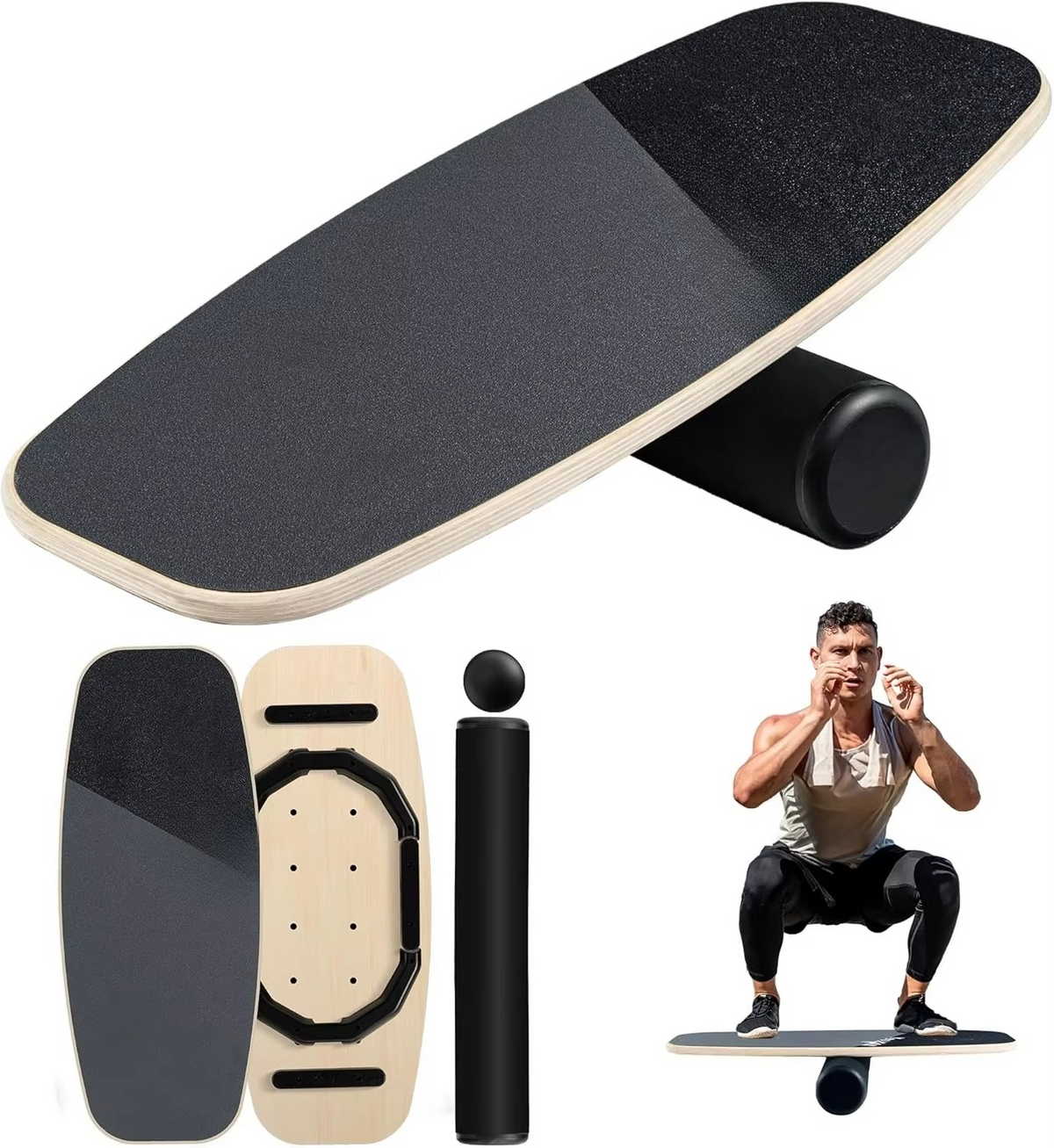 Balance Board Set mit Rolle und Balance Ball | 9 Stufen, Surf Style Training | Birkenholz, Anti Rutsch Fläche, bis 204 kg
