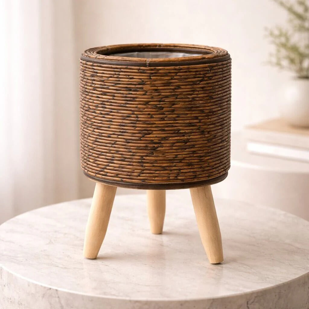 Blumentopf mit Holzfüßen | Design im Korbgeflecht-Stil | Für den Innen- und Außenbereich | Plantara