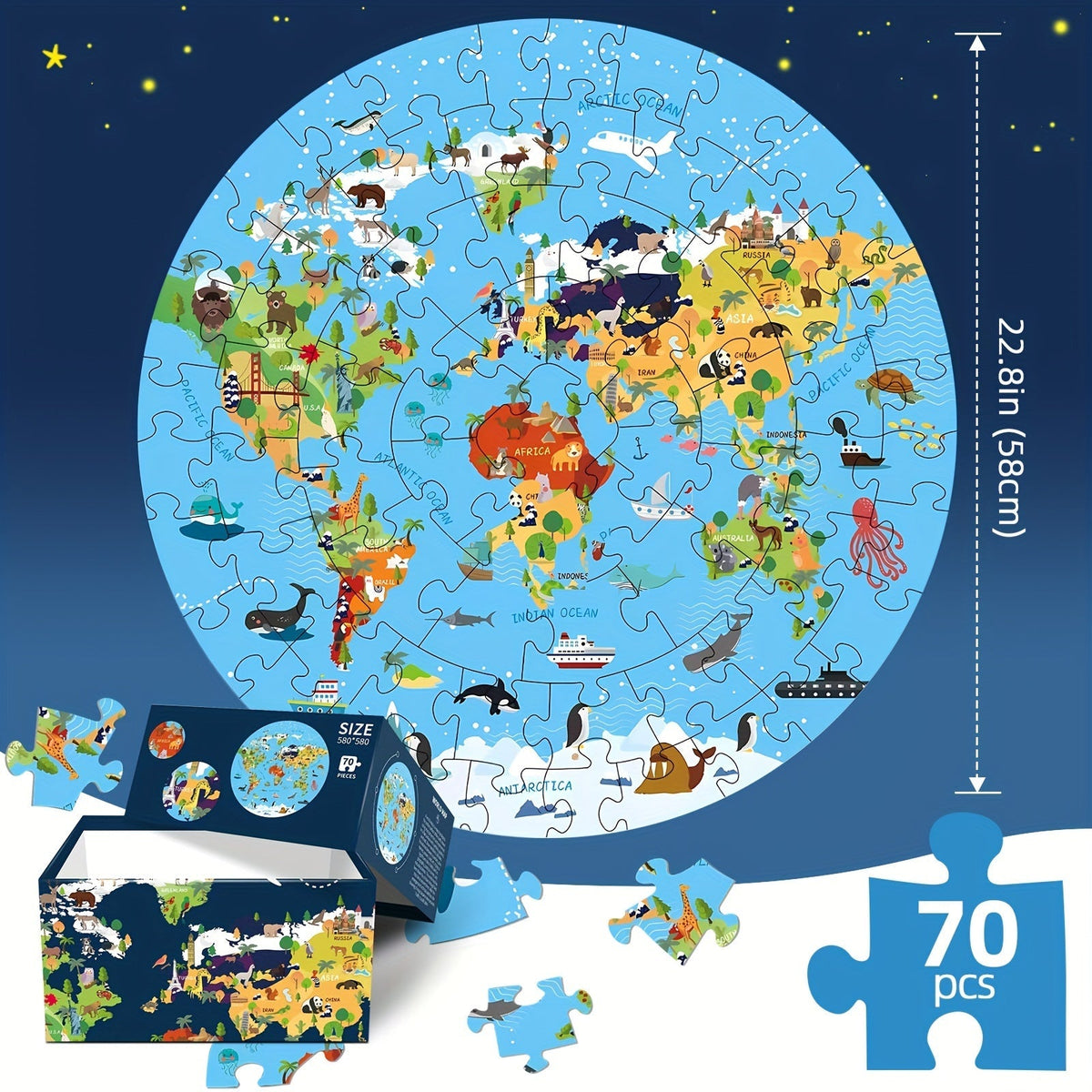 Bodenpuzzle Karton 70 Teile | Runde Weltkarte mit bunten Tiermotiven | Fördert frühes Lernen und die Feinmotorik ab 3 Jahren
