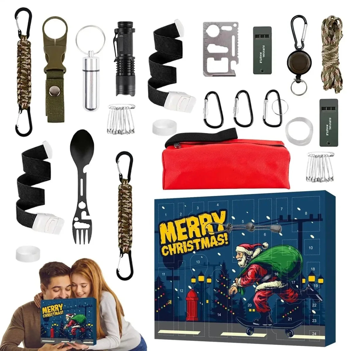 Bushcraft-Adventskalender kompakt Metall-ABS mit 24 Überlebenswerkzeugen