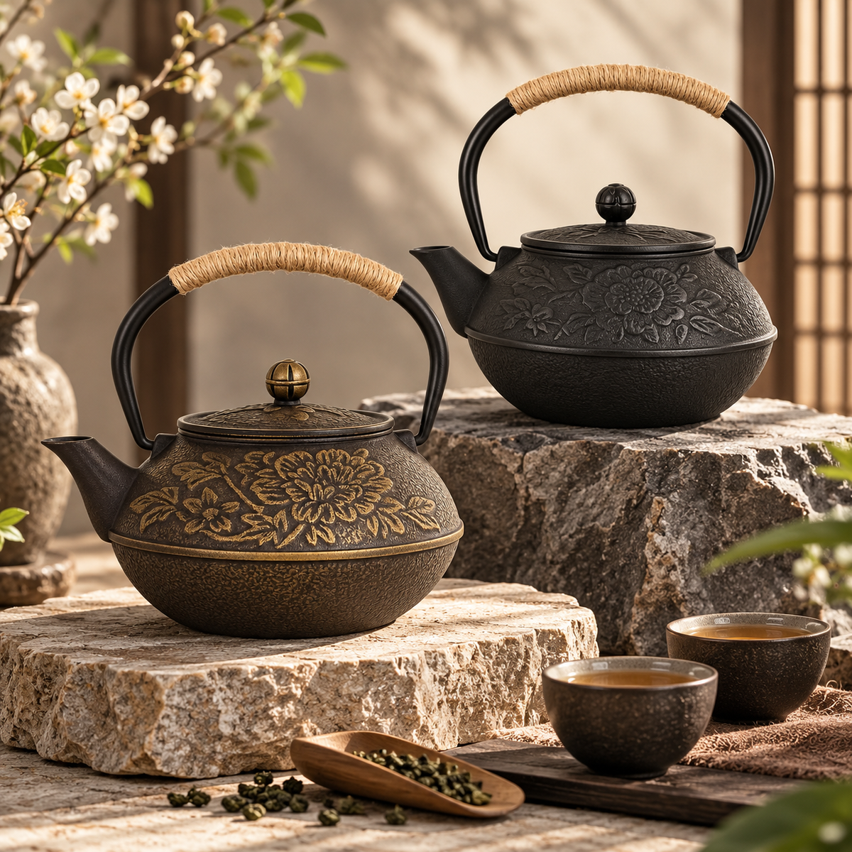 Gusseisen Teekanne Japanisch Blumenmuster 900 ml mit geflochtenem Griff 1