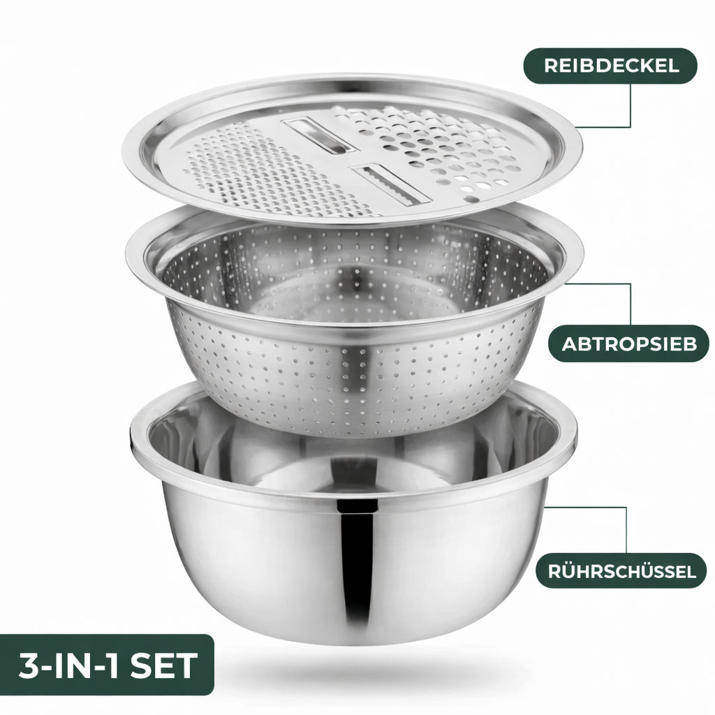 Rührschüssel Set Edelstahl | 3-in-1 mit Reibe und Sieb | Platzsparend Stapelbar, Rostfrei, Ideal für Salate und Gemüse 7