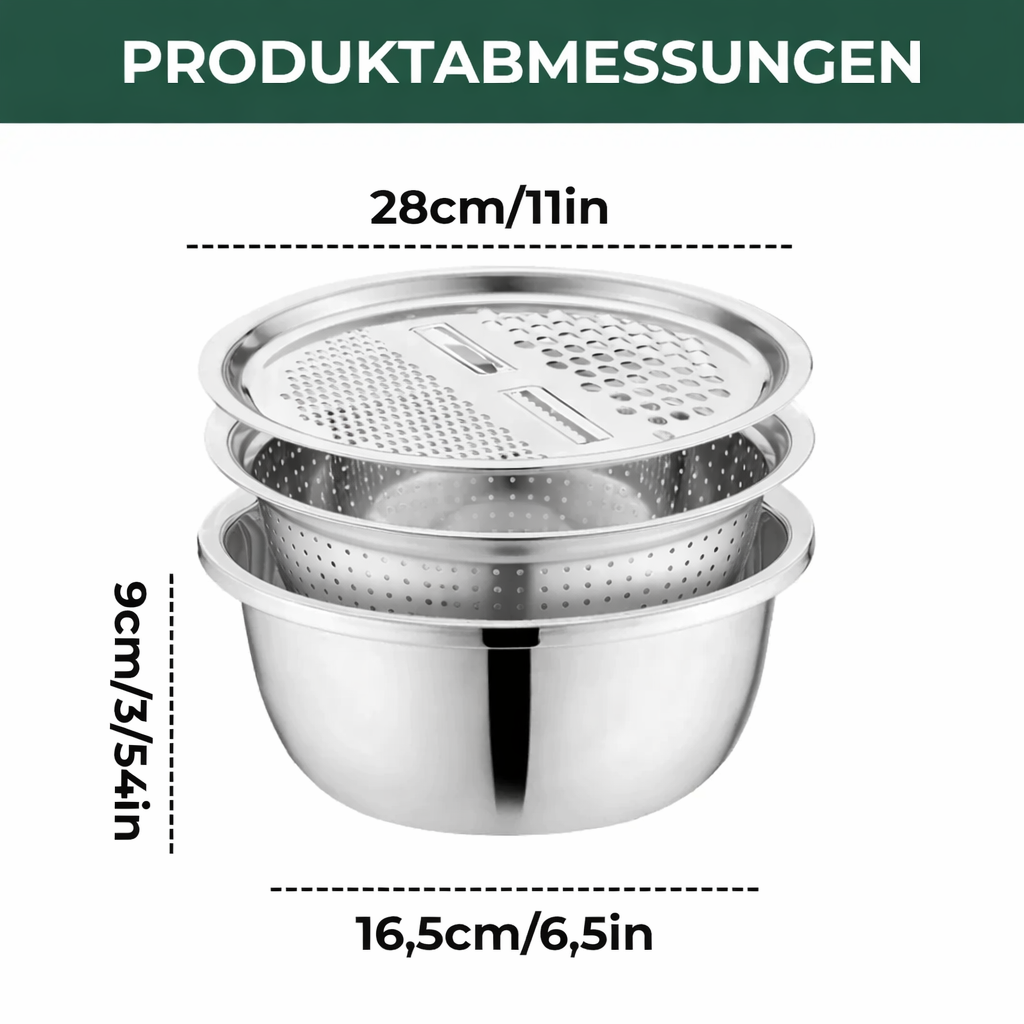 Rührschüssel Set Edelstahl | 3-in-1 mit Reibe und Sieb | Platzsparend Stapelbar, Rostfrei, Ideal für Salate und Gemüse 9