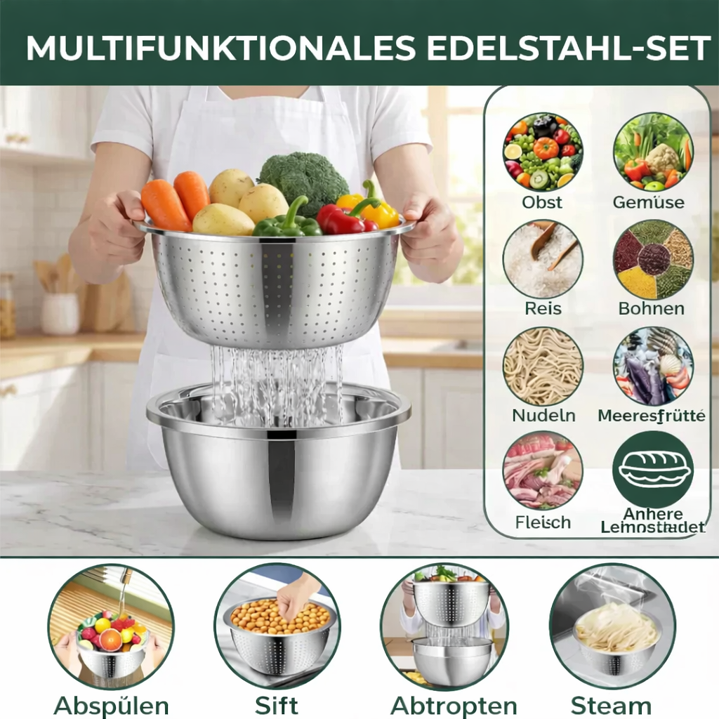 Rührschüssel Set Edelstahl | 3-in-1 mit Reibe und Sieb | Platzsparend Stapelbar, Rostfrei, Ideal für Salate und Gemüse 4