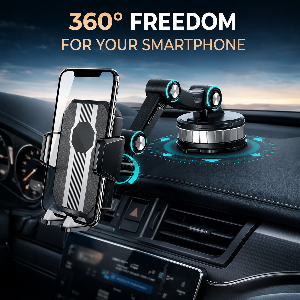 Mobilholder for bil | med sugekopp | 360° roterbar og justerbar arm | AutoVista