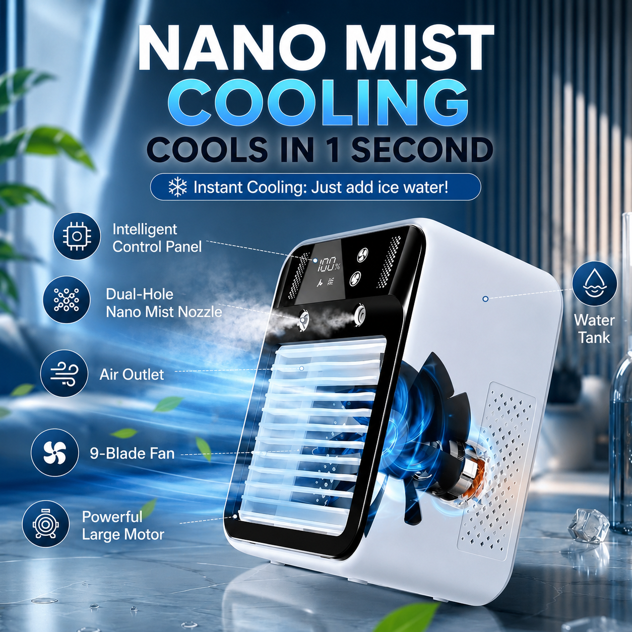 Mobilní ochlazovač vzduchu ventilátor Brisenlux | Sprejová mlha & USB-C | Bezdrátový se 3 rychlostmi větráku | Coolvento