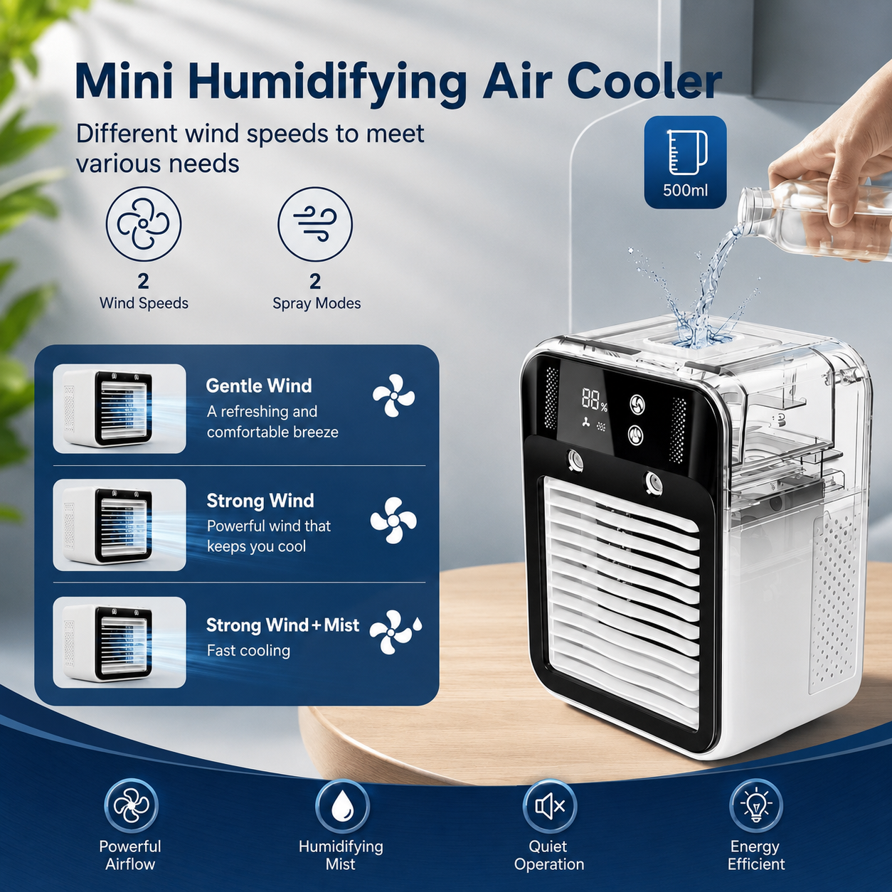 Mobilní ochlazovač vzduchu ventilátor Brisenlux | Sprejová mlha & USB-C | Bezdrátový se 3 rychlostmi větráku | Coolvento
