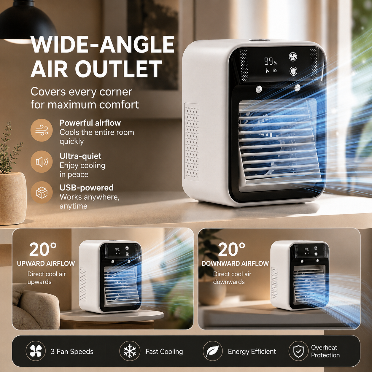 Mobilní ochlazovač vzduchu ventilátor Brisenlux | Sprejová mlha & USB-C | Bezdrátový se 3 rychlostmi větráku | Coolvento