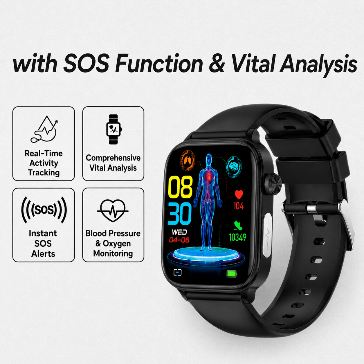 Smartklokke med SOS-nødvarsel og fallregistrering | Måling av puls, oksygen og aktivitet | Bluetooth og vanntett