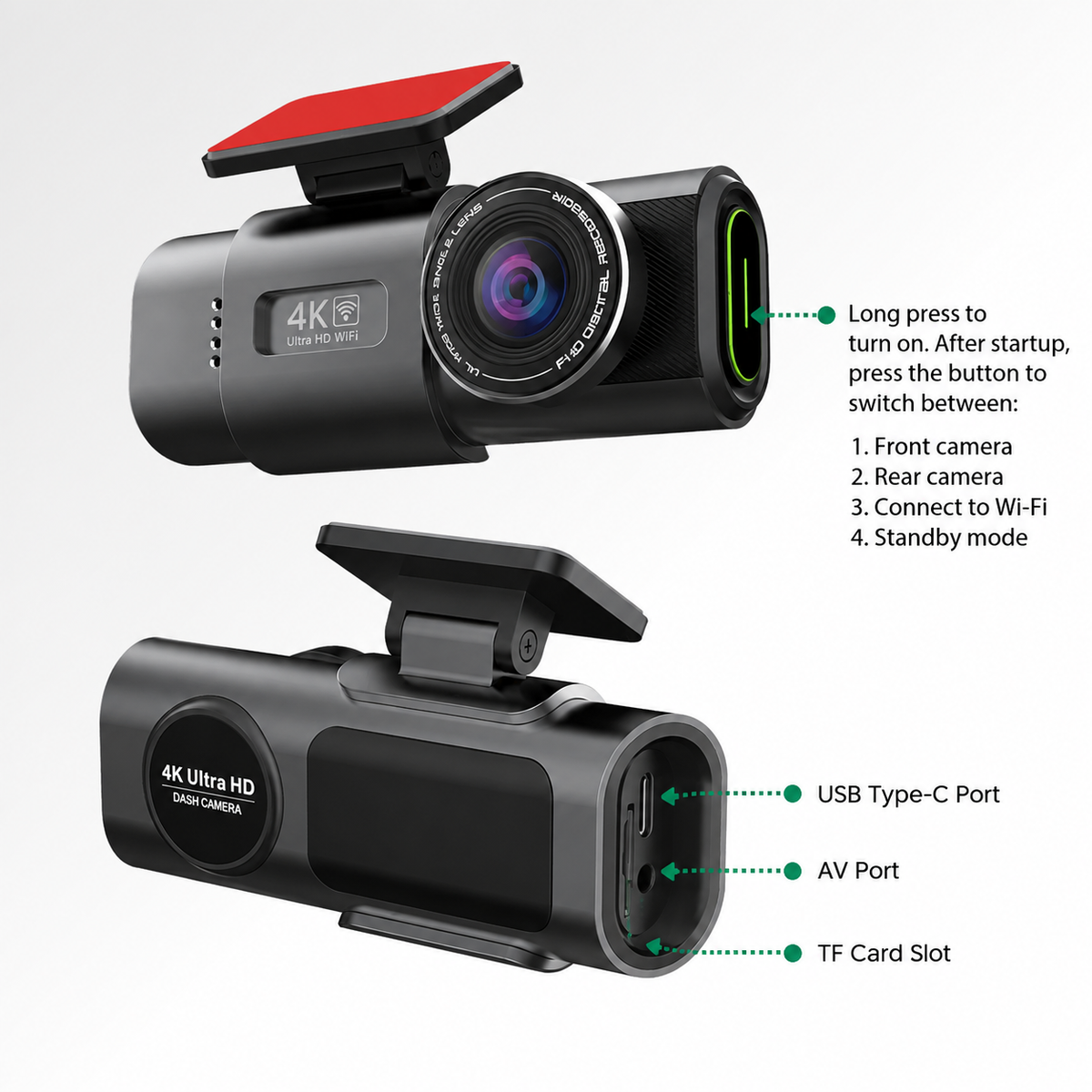 Dashcam 4K avec caméra avant et arrière | Vision nocturne, Wi-Fi et GPS | Surveillance du stationnement 24 heures sur 24, grand angle de 170° et jusqu’à 512 Go de stockage
