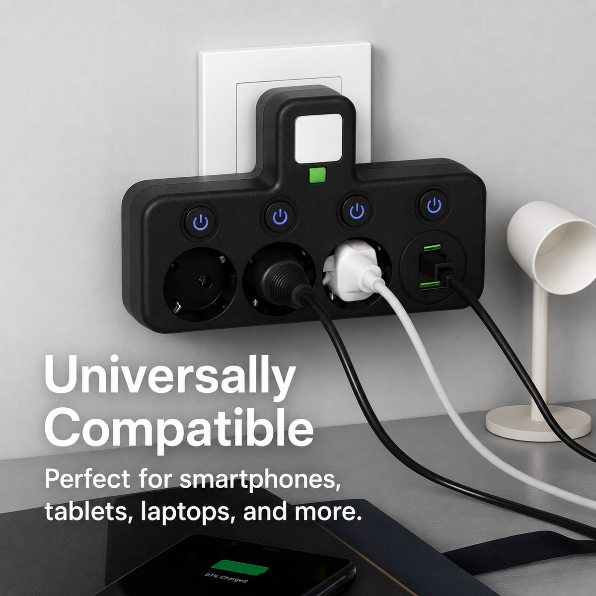 Stikdåse med 3 stik | Multistikdåse med USB | Vægstikadapter | PowerGrid