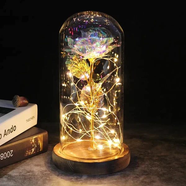 Deko-Lampe Amethyst Kristall batteriebetrieben mit konservierter Rose