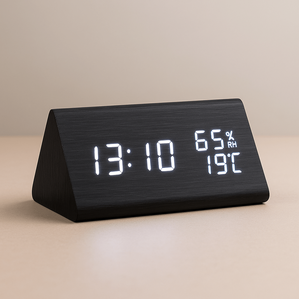 Digitale Holzoptik-Uhr mit Temperaturanzeige | Dimmbares LED-Display | Batterie- oder USB-Betrieb, automatische Abschaltfunktion 4