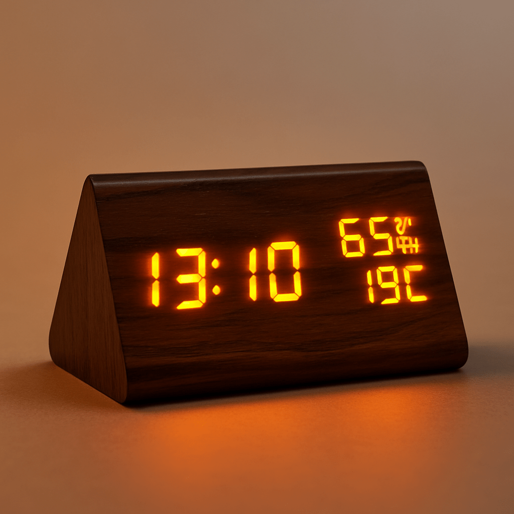 Digitale Holzoptik-Uhr mit Temperaturanzeige | Dimmbares LED-Display | Batterie- oder USB-Betrieb, automatische Abschaltfunktion 5